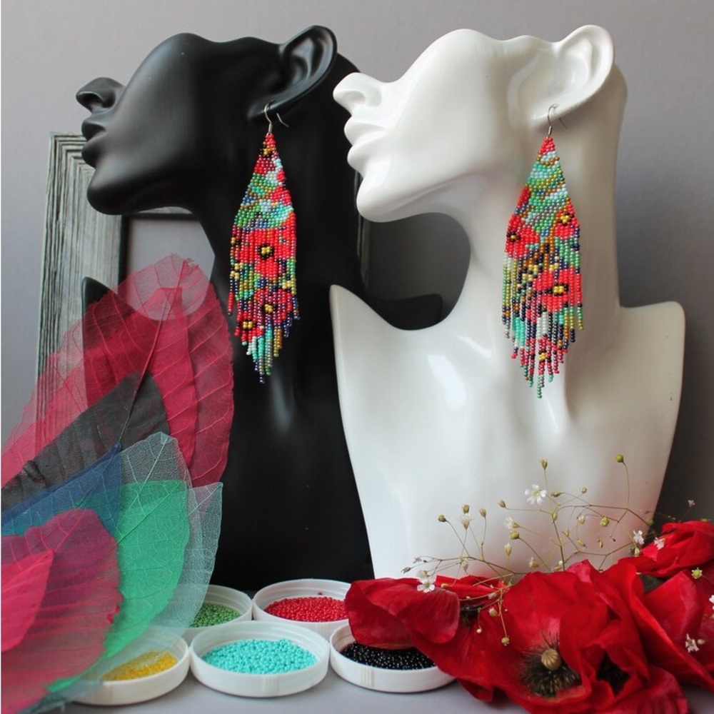 Colorful Poppy flower Beaded Dangle Earrings - Picture 5 of 5